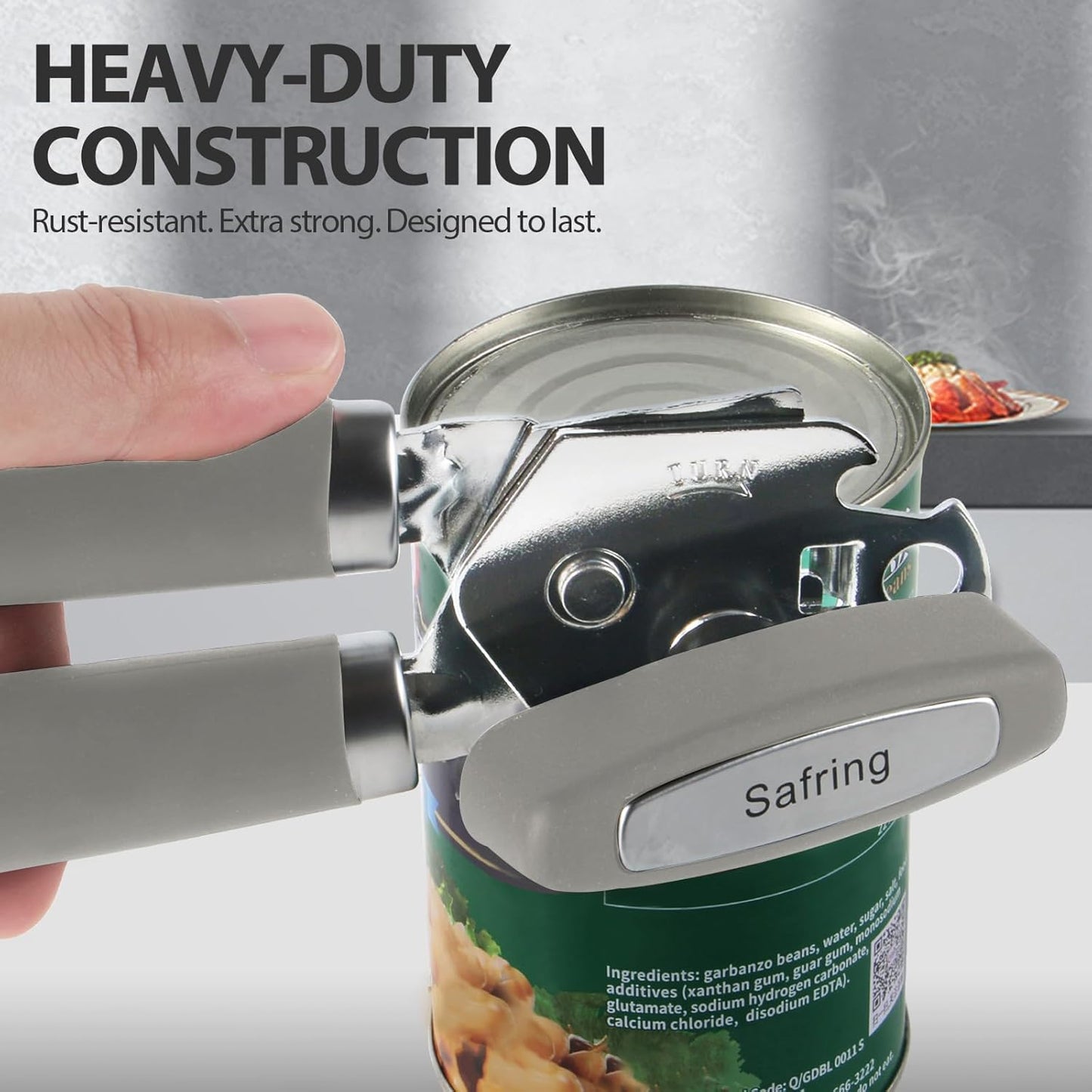 Can Opener Manual, Heavy Duty Handheld Strong Can Opener with Soft Touch Handle, Sharp Blade Smooth Edge, Can Openers with Multifunctional Bottle Opener, Gray