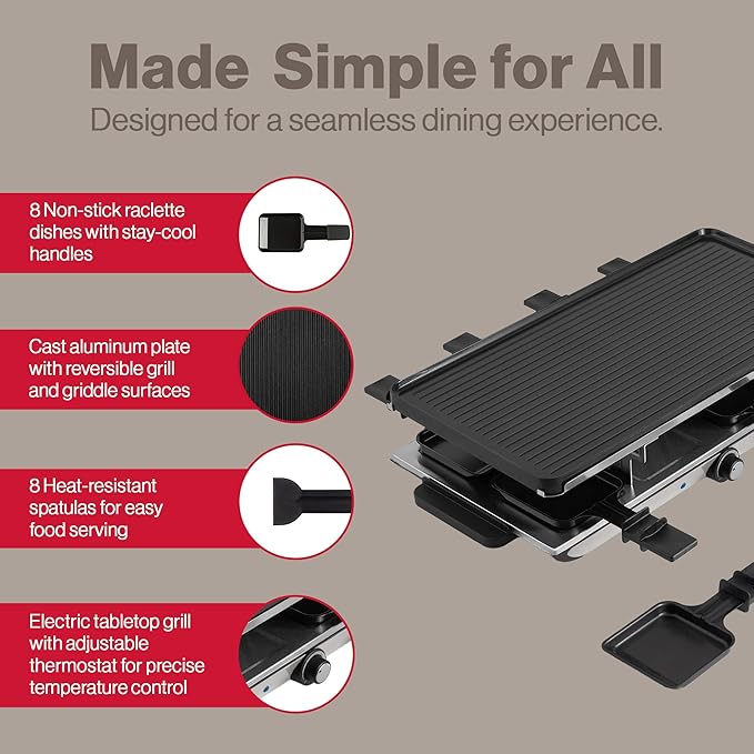 Swissmar Geneva Raclette Grill with Reversible Cast Aluminum Grill Top - Perfect for outdoor & Indoor Electric Raclette Grill & Griller - Barbeque Bonding - 8-Person