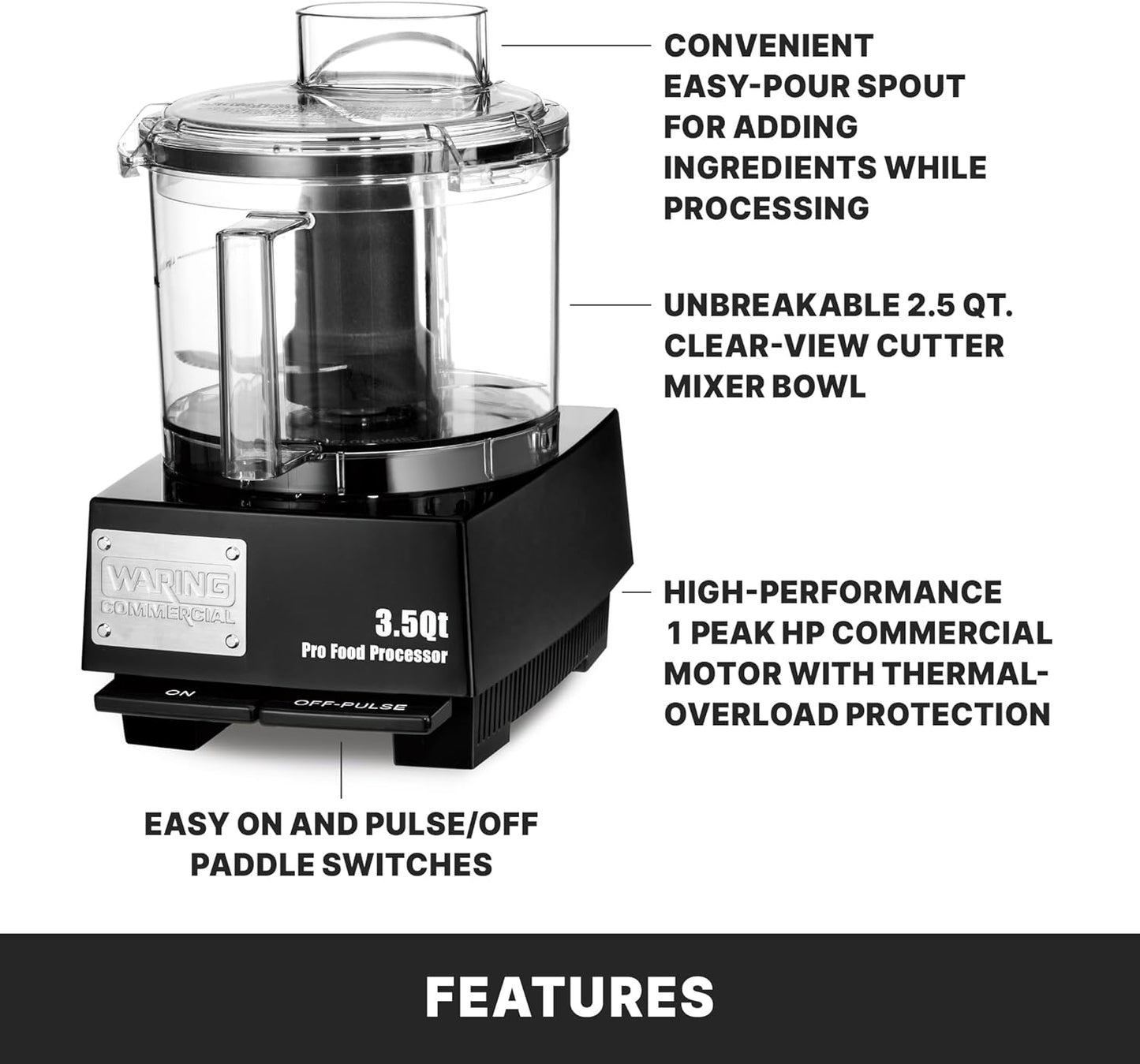 Waring Commercial WFP14SW 3.5 Quart Food Processor, 1 HP Motor, Low Profile Design, Patented LiquiLock Seal Bowl System, Includes Whipping Disc and a Standard S blade for Chopping, Pureeing, and Emulsyfying, 120V, 5-15 Phase Plug