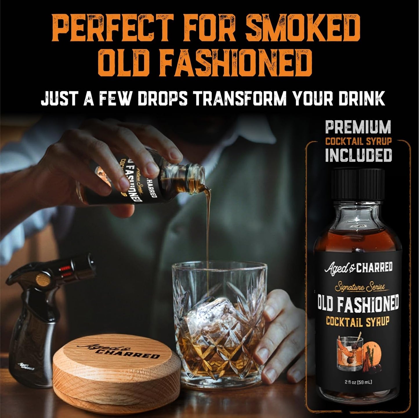 Whiskey Smoker Kit with Torch and Old Fashioned Syrup - 8 Flavors Wood Chips - Bourbon Gifts for Men, Cocktail Smoker kit - USA Oak Smoke Lid (No Butane)