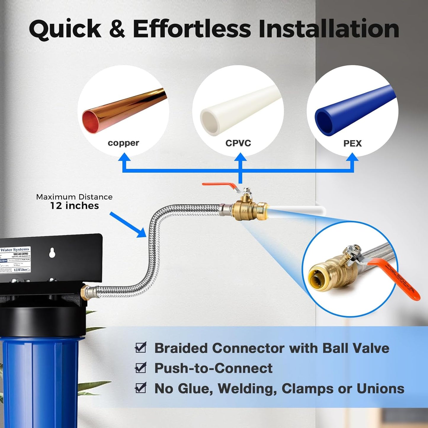 iSpring WGB32B-PB 3-Stage Whole House Water Filtration System (w/ 20” x 4.5” Fine Sediment, Carbon Block, and Lead Reducing Filters) w/ 3/4'' Push-Fit Stainless Steel Hose Connectors