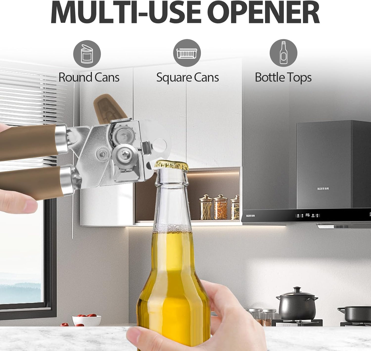 Can Opener Manual, Heavy Duty Handheld Strong Can Opener with Soft Touch Handle, Sharp Blade Smooth Edge, Can Openers with Multifunctional Bottle Opener, Coffee