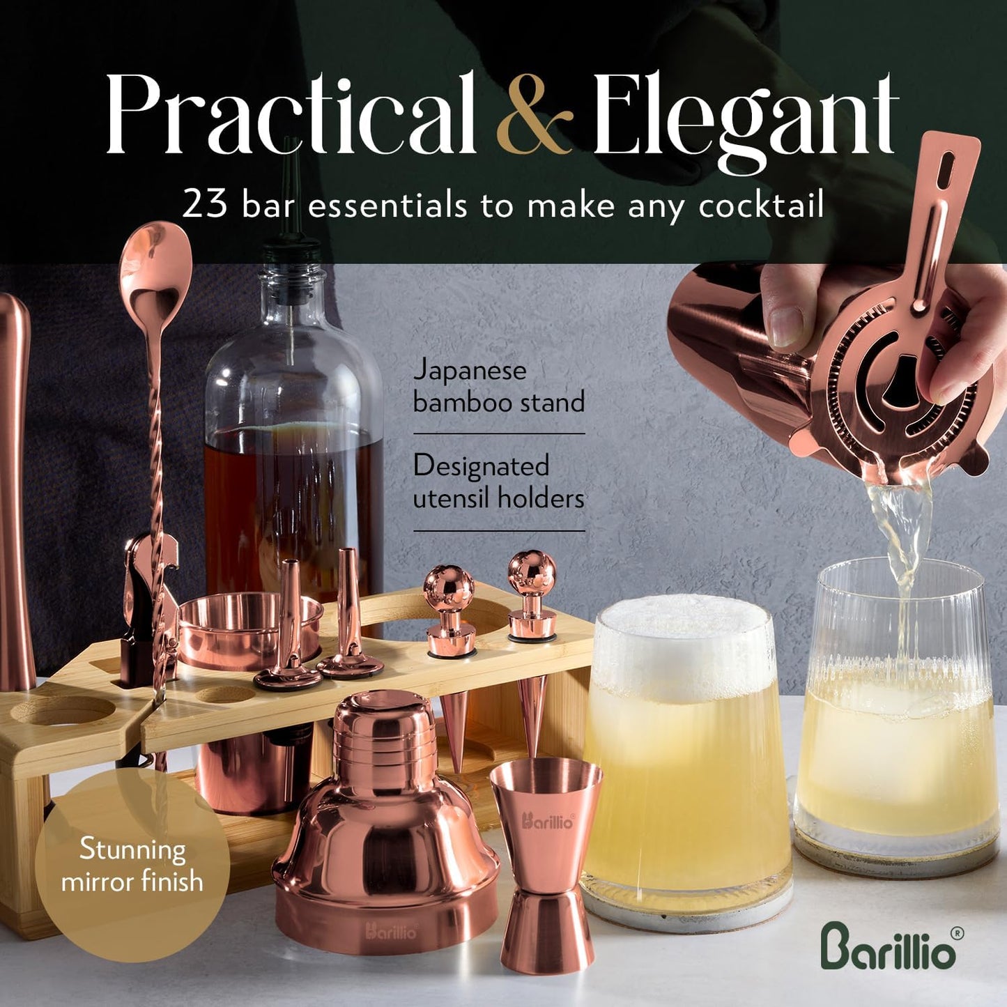 Barillio Rose Gold Bartender Kit - Stainless-Steel Cocktail Shaker Set w/Bamboo Stand - Mixology Bar Tools w/Drink Shaker, Mixer and Muddler for Cocktails - Home Bar Accessories - 23-Pc Bar Set