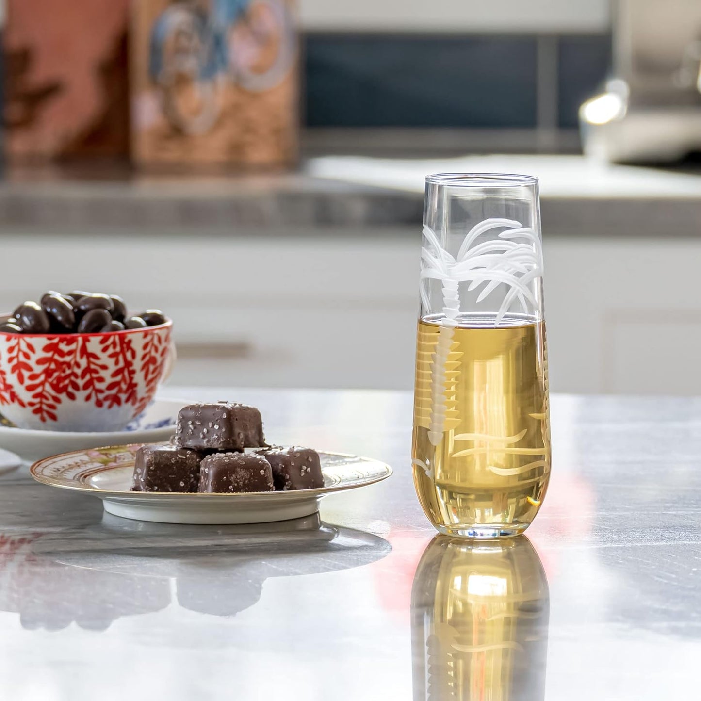Rolf Glass Palm Tree Stemless Champagne Flute Glasses 8.5 ounce | Toasting Flute Glasses | Lead-Free Glass | Etched Flute Glasses | Proudly Made in the USA (Set of 4)