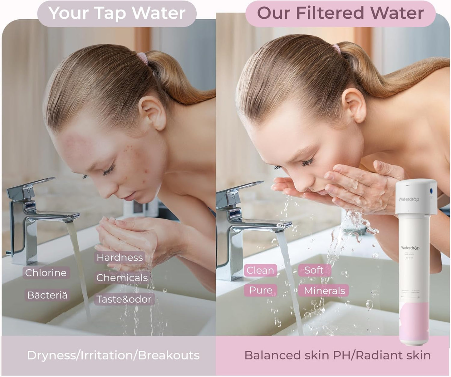 Waterdrop BFU1 Water Filter for Bathroom for Face Care, Soft Water, Strontium-enriched, Reduce 99.9% of Baçtёria in Bathroom Sink Faucet, Reduces Skin Redness and Irritation
