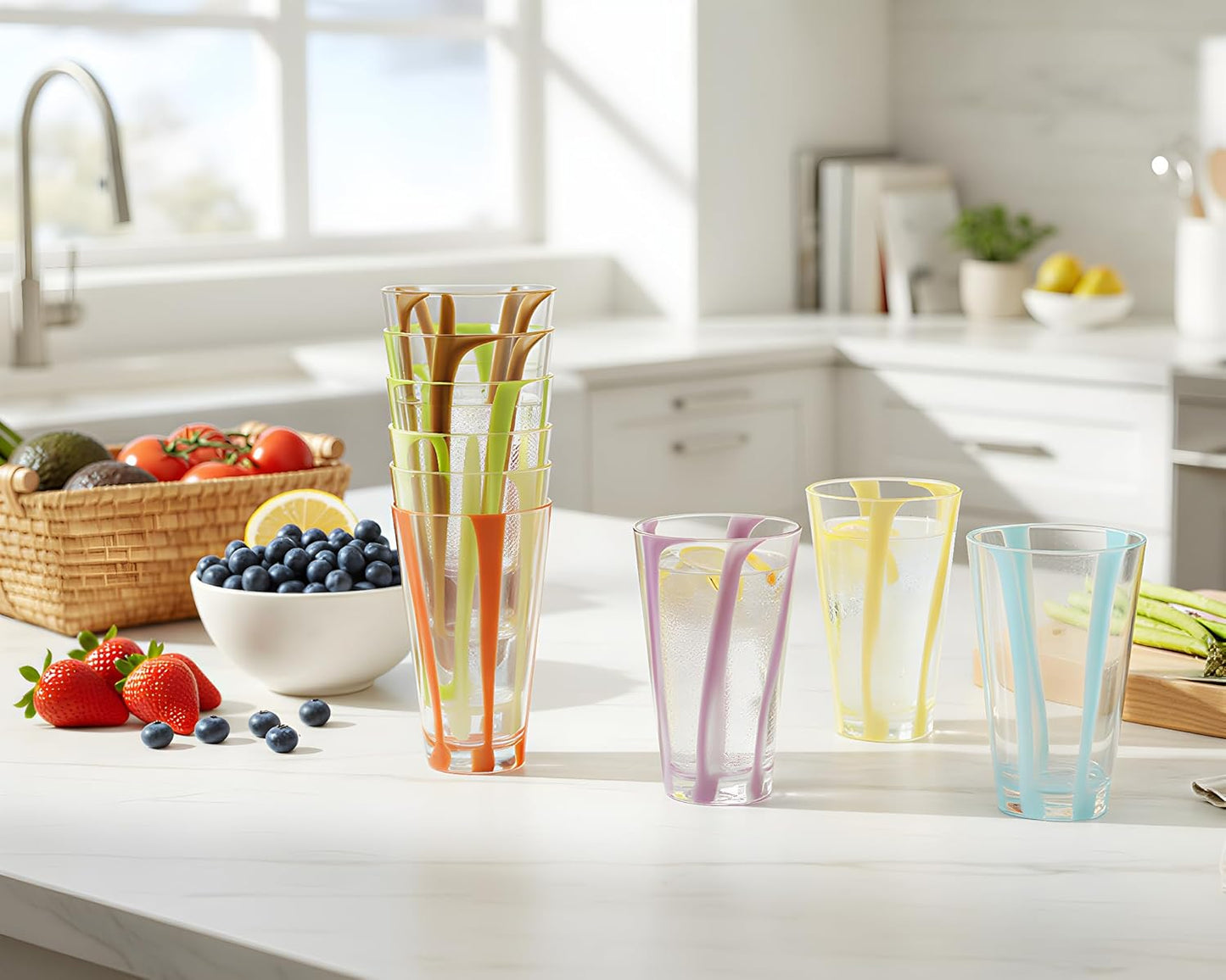 Set of 8 Plastic Striped Circus Drinking Cups Tumblers, Reusable MS Glasses 22 oz - BPA Free, Dishwasher Safe, Colorful, Stackable