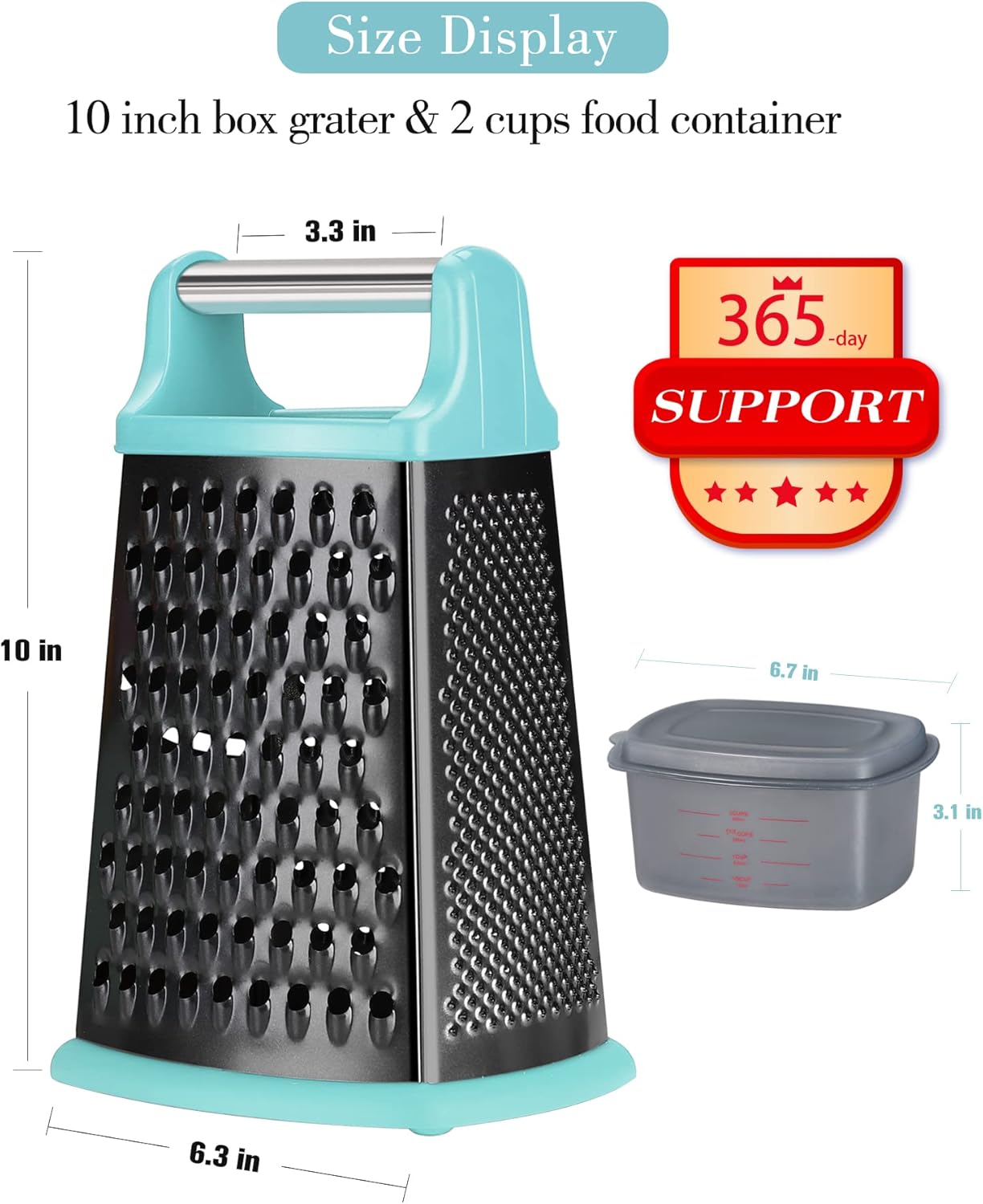Ourokhome Cheese Grater with Handle, Stainless Steel Box Grater, 4 Side Kitchen Vegetable Shredder Slicer Zester with Container for Parmesan, Cabbage, Ginger, Lemon, Chocolate, Coconut (Teal black)