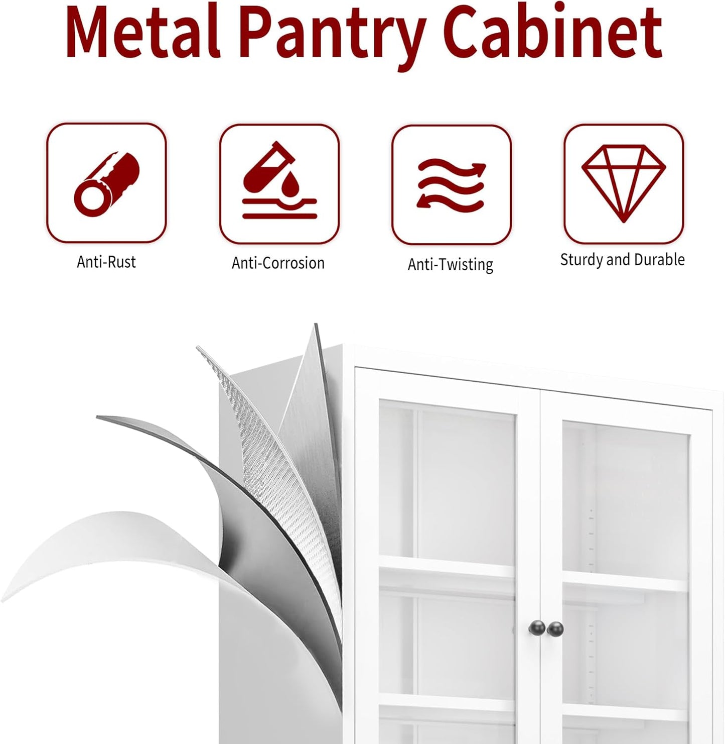 AQY Kitchen Pantry Cabinet,72" White Pantry Storage Cabinet with Adjustable Shelves and Glass Doors,Freestanding Cupboard,Metal Pantry Cabinets with Handle for Living Room Kitchen Assembly Required