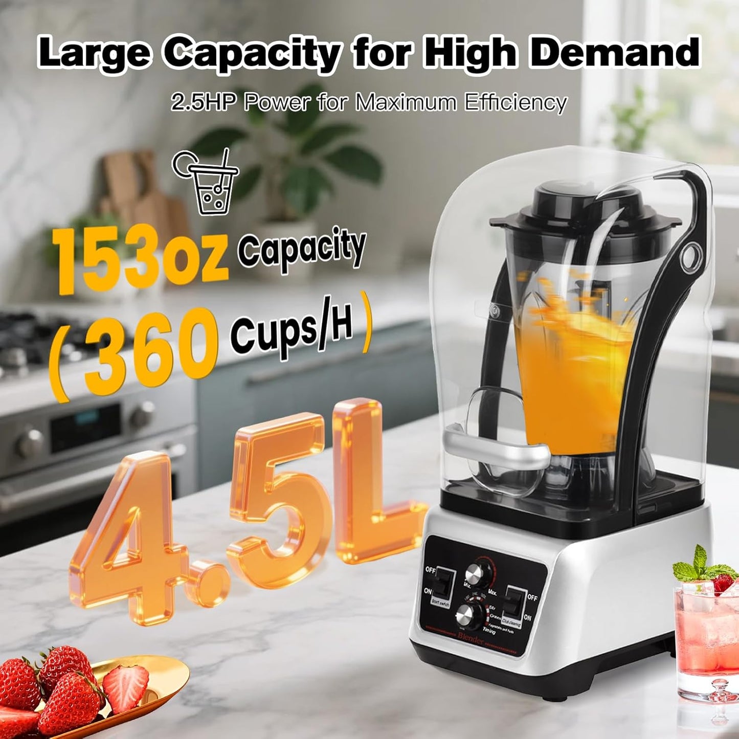 153Oz Professional Commercial Blender with Soundproof Shield, Multi-speed Settings, Quiet Smoothies Blenders Countertop, Powerful Blender for Kitchen, Shakes, Frozen Drinks, Self-Cleaning