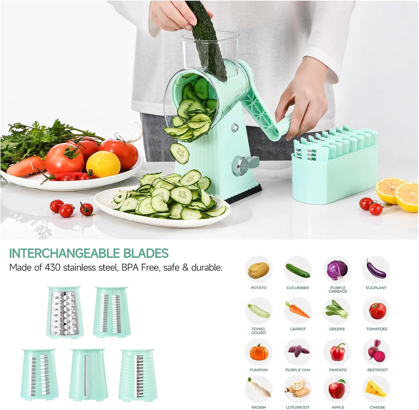Xilrvna Rotary CheeseGrater, Vegetable Shredder 5 in 1 CheeseGraterwithHandleedderReinforcedSuction,EasytoClean,KitchenChopperforCrushed Ice,Fruits and Nuts with Blade Storage Case（Green）