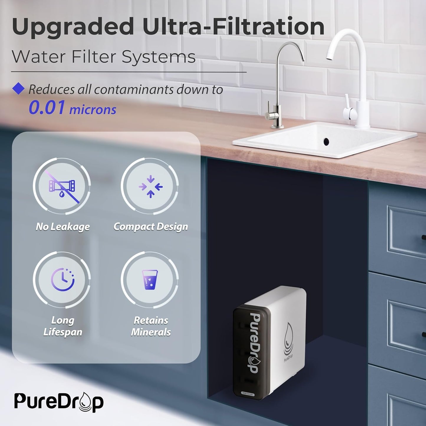 PDR-3CUW 0.01μm Ultra-Filtration Under Sink Water Filter System, SGS-Tested Tankless 3-Stage Compact Undersink Water Filtration with Faucet, Removes Chlorine, Bad Taste & Odor, No Waste Water