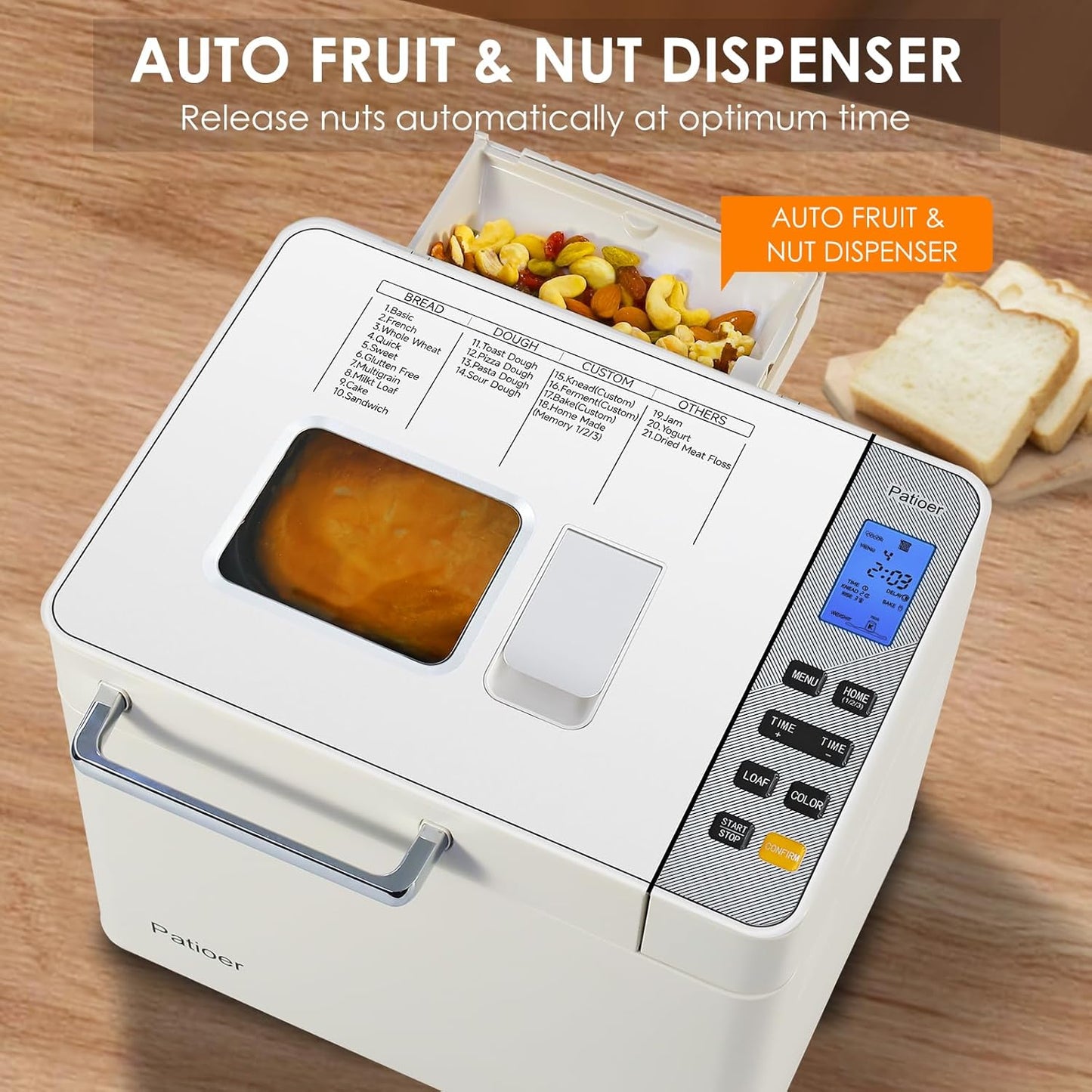 2LB Bread Maker with Yeast & Nut Dispenser, 21-in-1 Programmable Compact Bread Machine 3 Loaf Sizes 3 Crust Colors