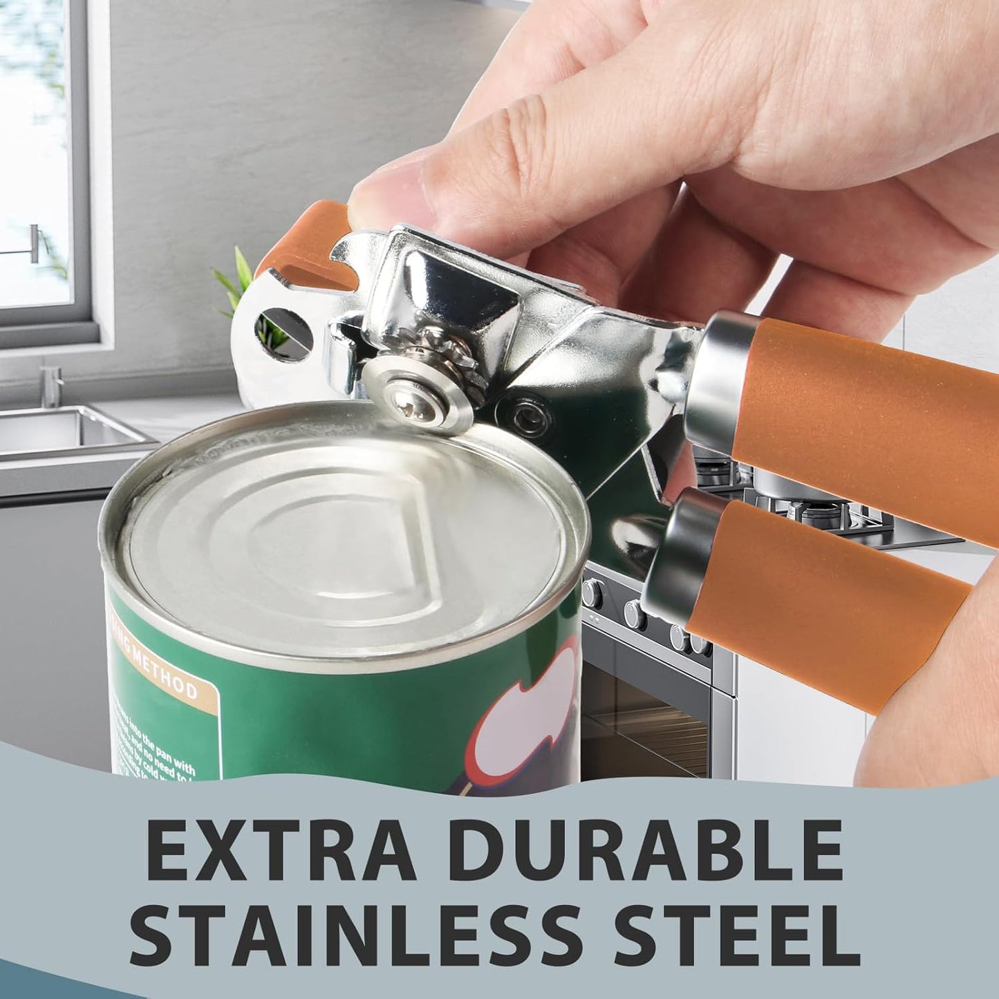 Can Opener Manual, Heavy Duty Handheld Strong Can Opener with Soft Touch Handle, Sharp Blade Smooth Edge, Can Openers with Multifunctional Bottle Opener, Orange