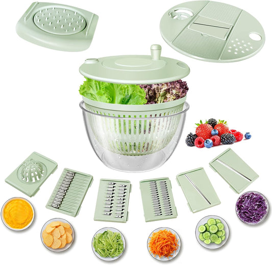 Airpro Salad Spinner Large, Vegetables Fruits Wash Bowl,Lettuce Spinner Pasta and Fries Dryer with 5 Blades,Egg Yolk Strainer Slicer Shredder for Kitchen Colander, 5.3 Qt, Green White