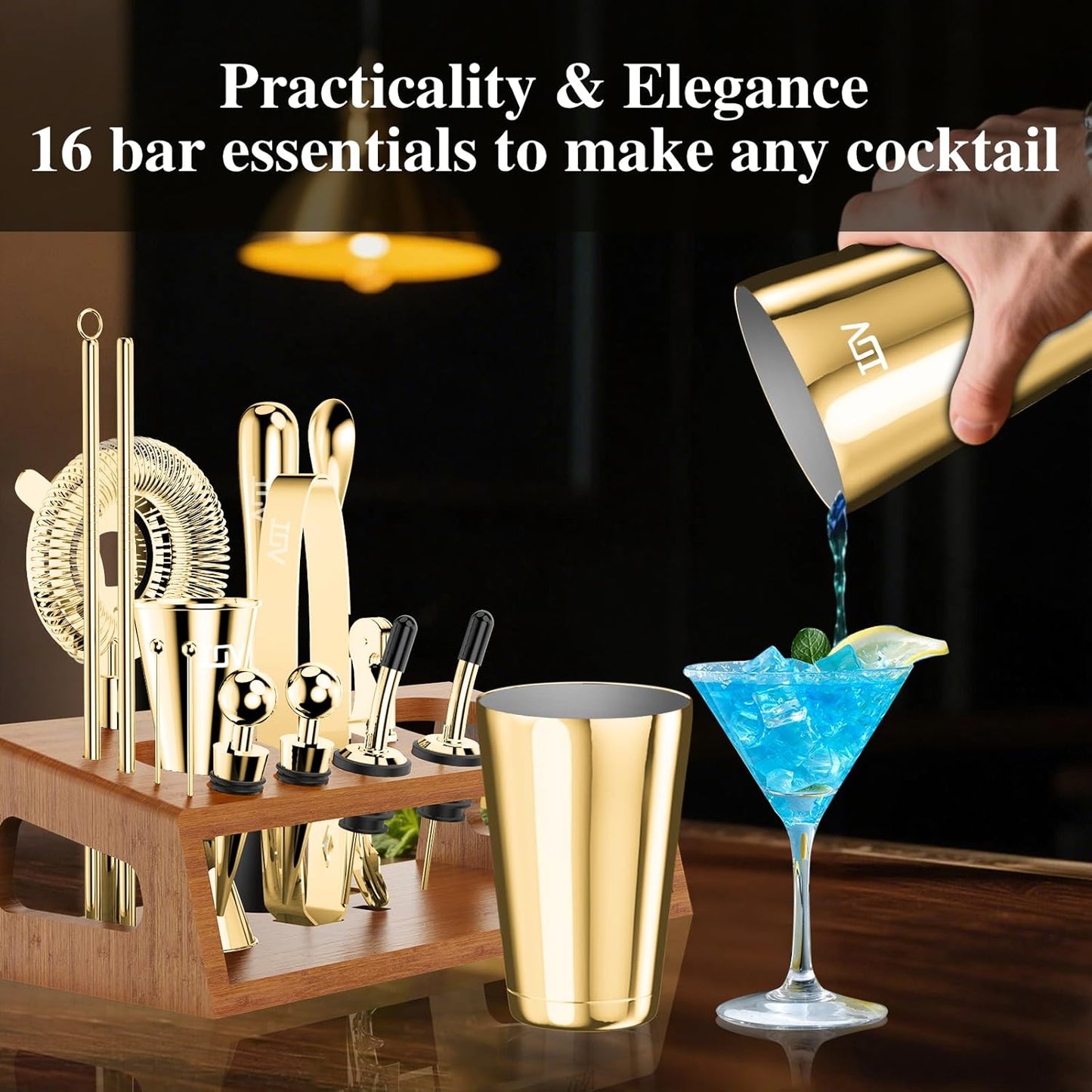 IOV Mixology Bartender Kit Bar Set with Stand | 17-Piece Cocktail Shaker Set | 28oz Boston Shaker Drink Mixer Set with All Essential Accessory Tools | Fun Housewarming Gift (Gold)