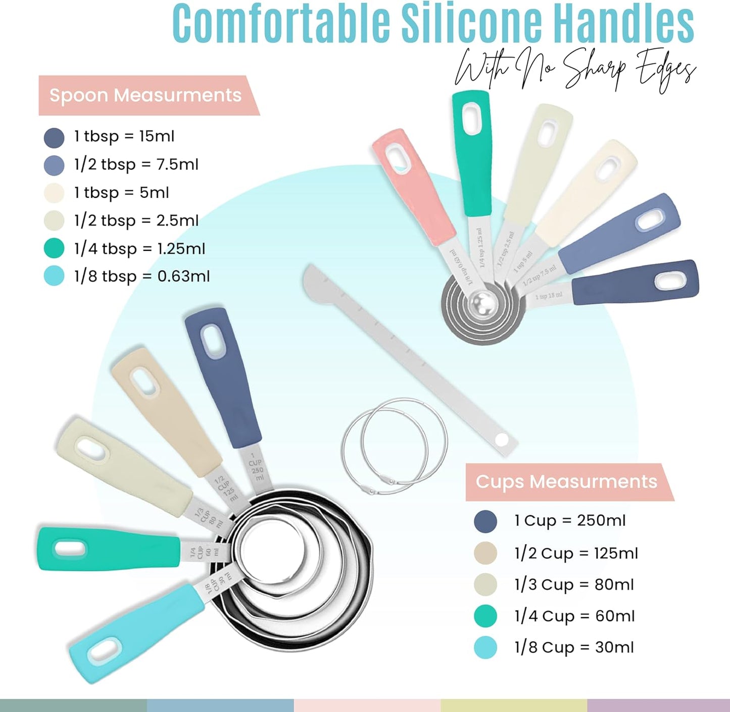 Nextop 14-Piece Stainless Steel Measuring Cups and Measuring Spoons Set with All Stackable Sizes and Leveler for Dry Ingredients, Complete Set for Kitchen & Baking Measuring Tools (Aqua Sky Blue Set)