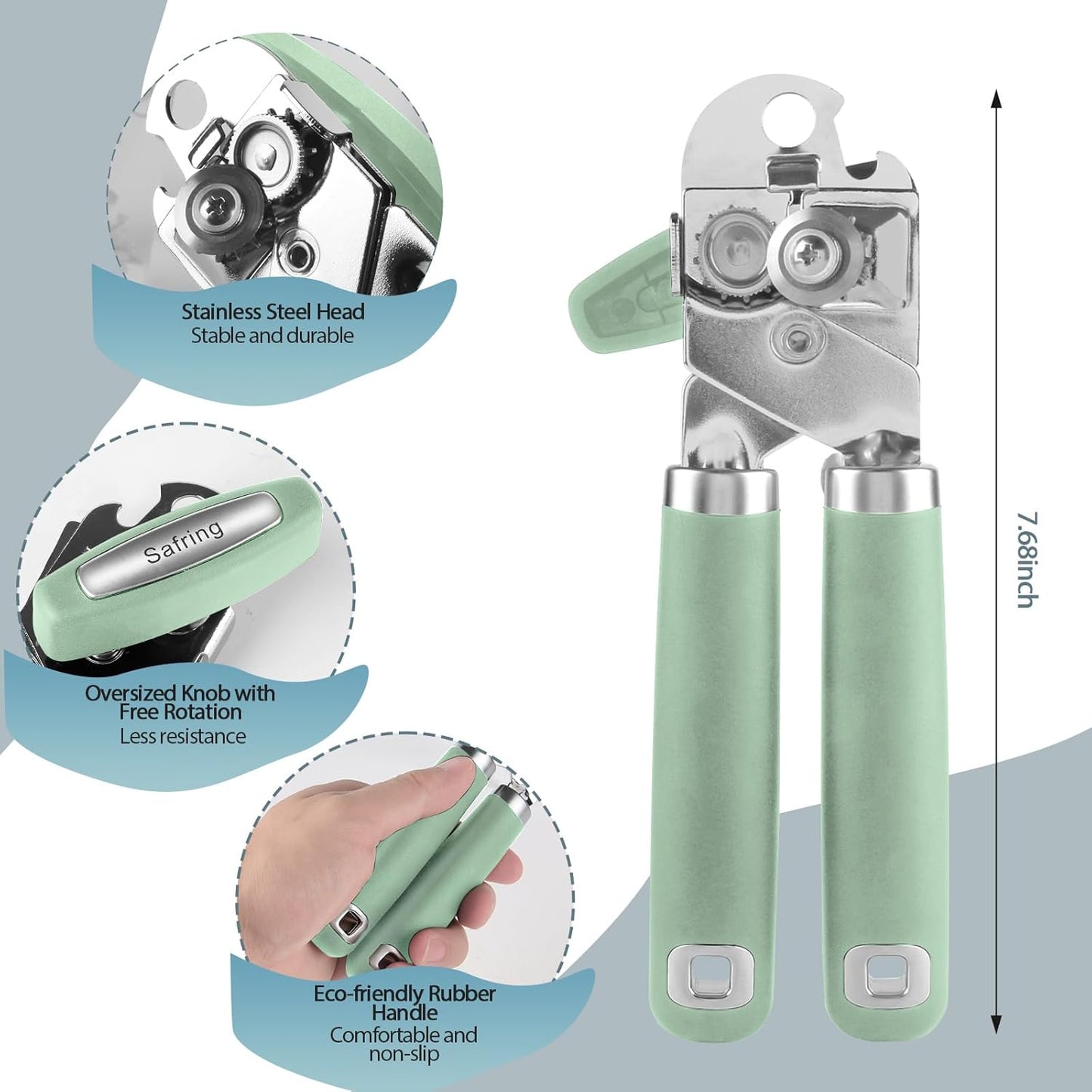 Can Opener Manual, Heavy Duty Handheld Strong Can Opener with Soft Touch Handle, Sharp Blade Smooth Edge, Can Openers with Multifunctional Bottle Opener, Mint