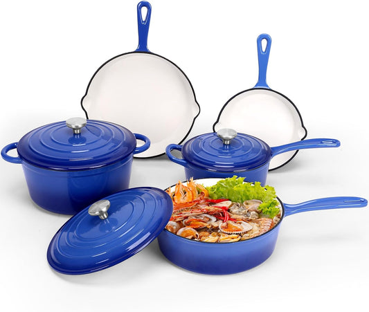 QuliMetal Nonstick Enameled Cast Iron Cookware Set, 5 Pcs Pots and Pans with Lid, Skillet, Frying Pan, Saucepan & Dutch Oven for All Stovetops, PFA Free - Ideal for Sourdough Bread Baking