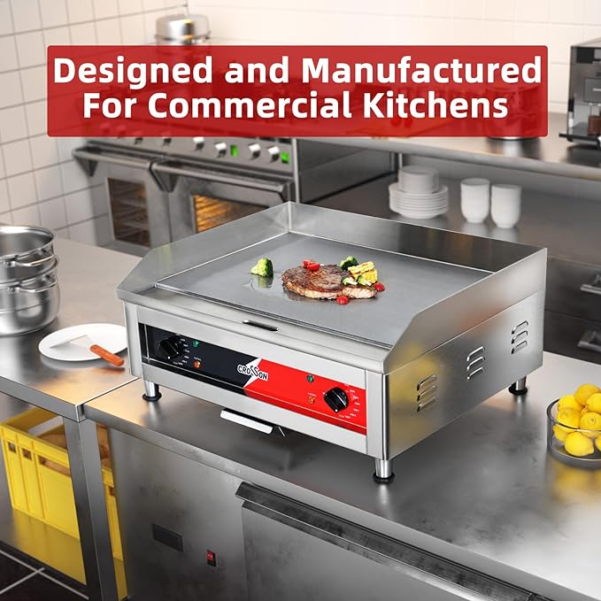 CROSSON 24"*16" Commercial Electric Countertop Griddle,Flat Top Heavy Duty Griddles with Non-Stick 2/5" Thick Iron Cooking Plate for Restaurant use-120V/3500W,Spatula Bonuses