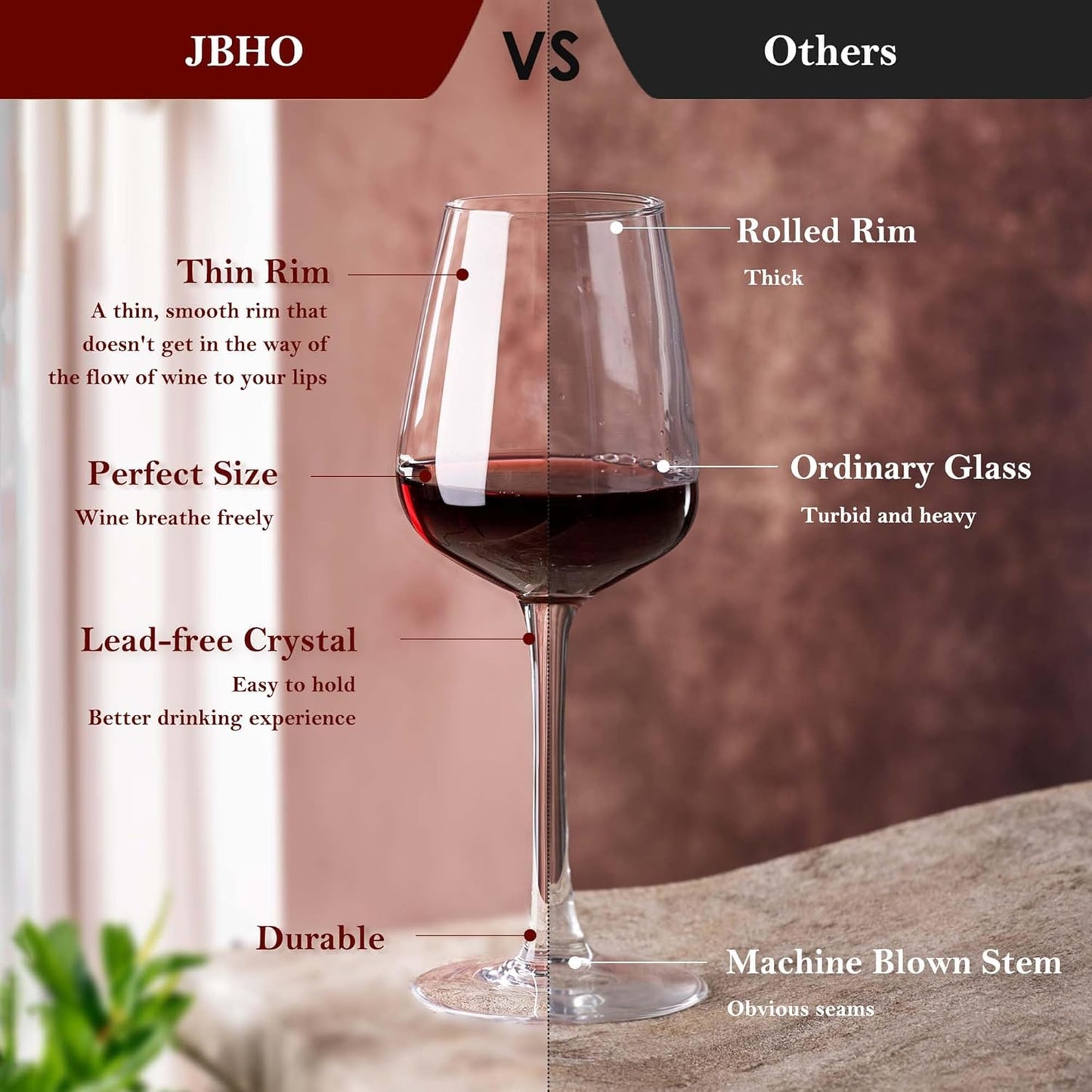 JBHO Hand Blown Bordeaux Wine Glasses - Set of 6-18 Ounce - Great Gift Packaging - Red Wine Glasses Lead-Free Premium Crystal Clear Glass