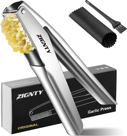 Garlic Press Stainless Steel，Premium Garlic Mincer Tool，No Need to Peel Garlic Ginger Crusher & Masher Easy Squeeze Large Trough Ergonomic Handle，Rust Proof，Dishwasher Safe (5 Years Warranty)