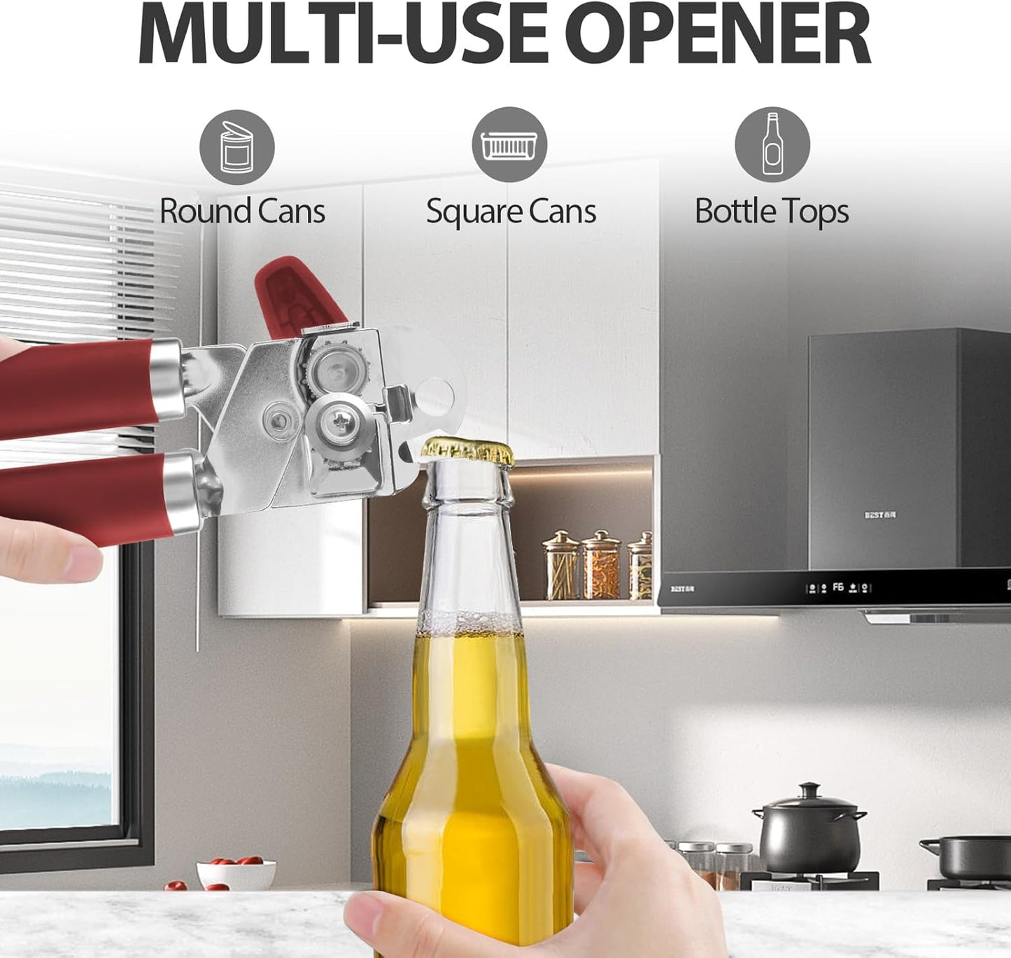 Can Opener Manual, Heavy Duty Handheld Strong Can Opener with Soft Touch Handle, Sharp Blade Smooth Edge, Can Openers with Multifunctional Bottle Opener, Red