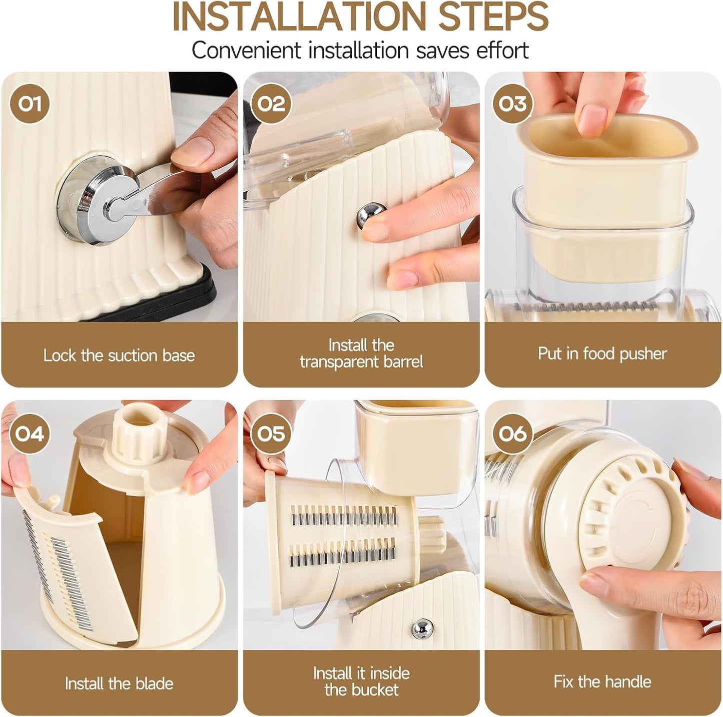 Xilrvna RotaryCheese Grater,VegetableShredder 5 in 1 Cheese Grater with HandleedderReinforcedSuction,EasytoClean,KitchenChopperforCrushedIce,Fruits and Nuts with Blade Storage Case（White