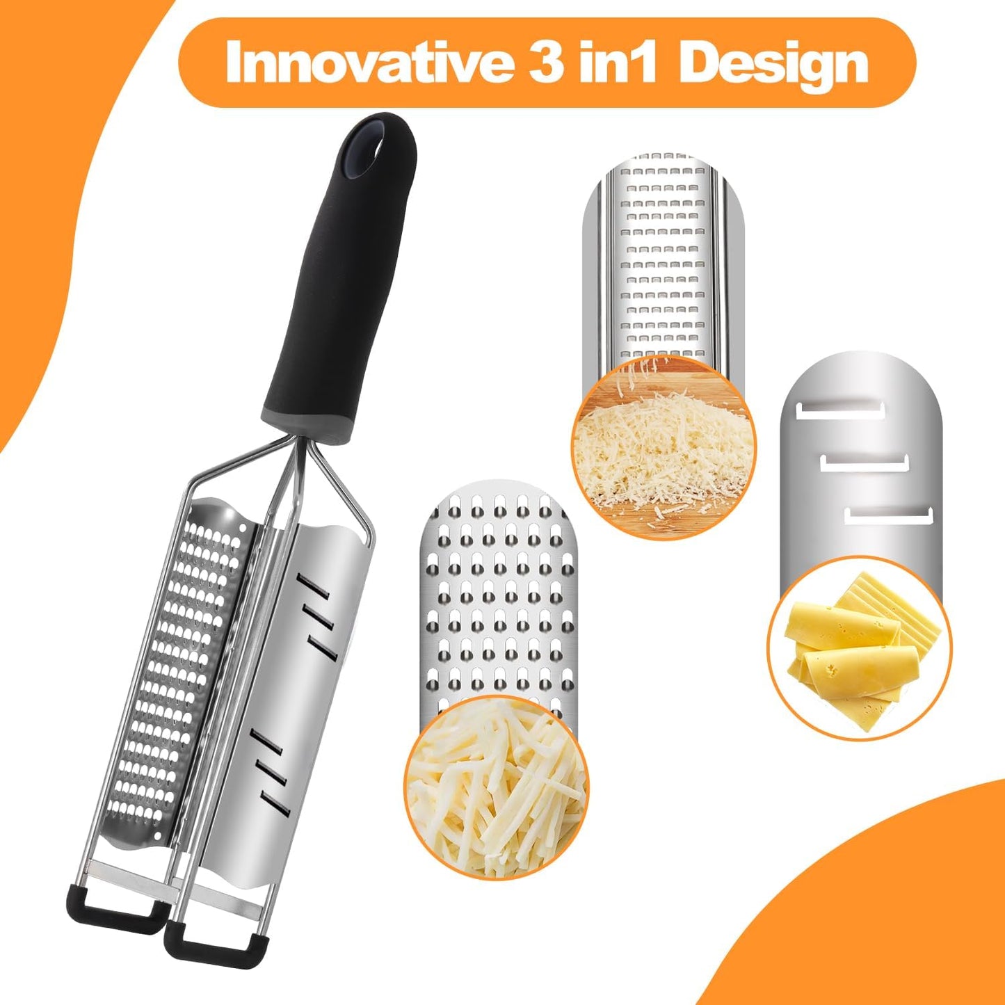 3 in 1 Cheese Grater, Lemon Zester, Stainless Steel Cheese Grater Handheld, Grater Hand Crank, Practical Kitchen Gadgets, Graters for Cheese, Ginger, Garlic, Chocolate, Vegetables, Fruits (Short)