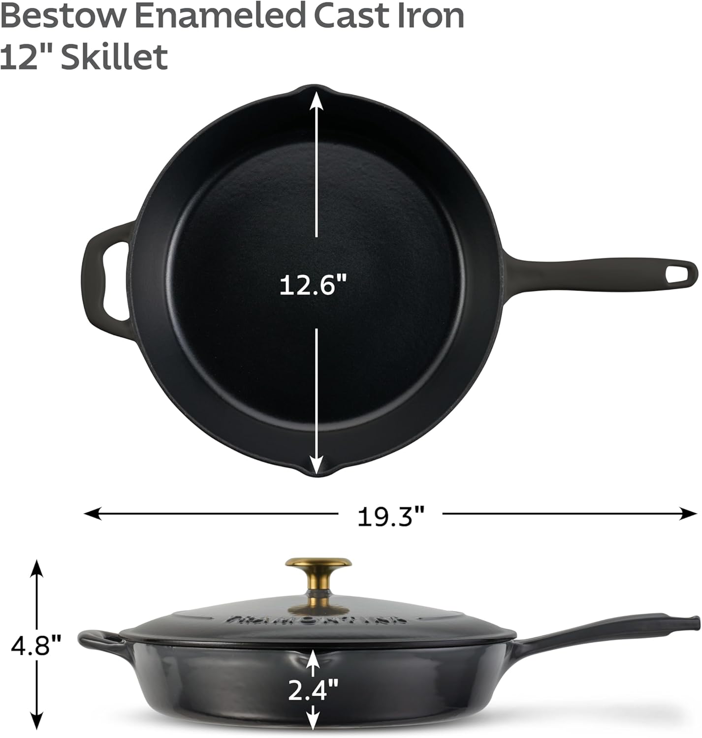 Tramontina Bestow Enameled Cast Iron Skillet with Lid, 12-inch Frying Pan, Smoke with Gold Knob