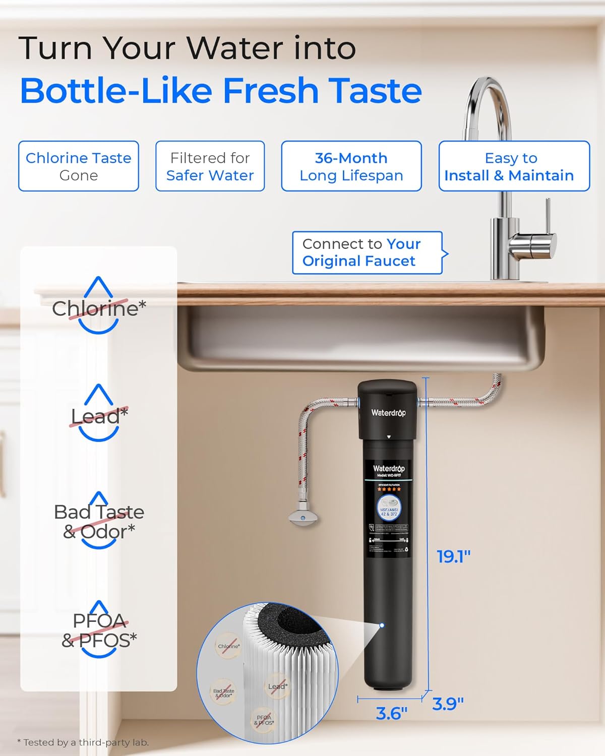 Waterdrop 17UA 3 Years Under Sink Water Filter, Under Sink Water Filtration System, Reduces PFAS, PFOA/PFOS, Lead, Chlorine, Under Sink Water Filter, NSF/ANSI 42 Certified, 24K Gallons