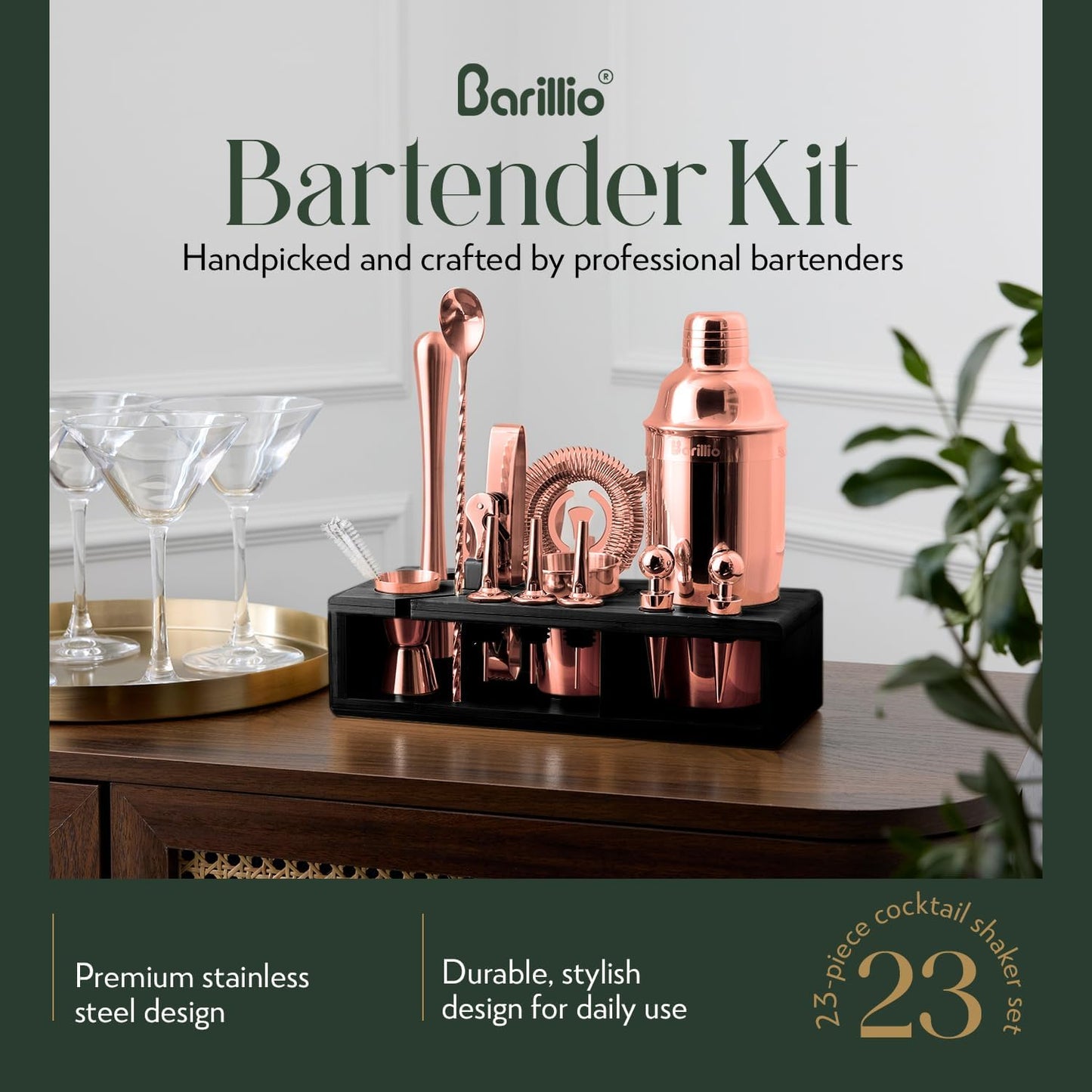 Barillio Rose Gold Bartender Kit - Stainless-Steel Cocktail Shaker Set w/Black Bamboo Stand - Mixology Bar Tools w/Drink Shaker, Mixer, Muddler for Cocktails - Home Bar Accessories - 23-Pc Bar Set