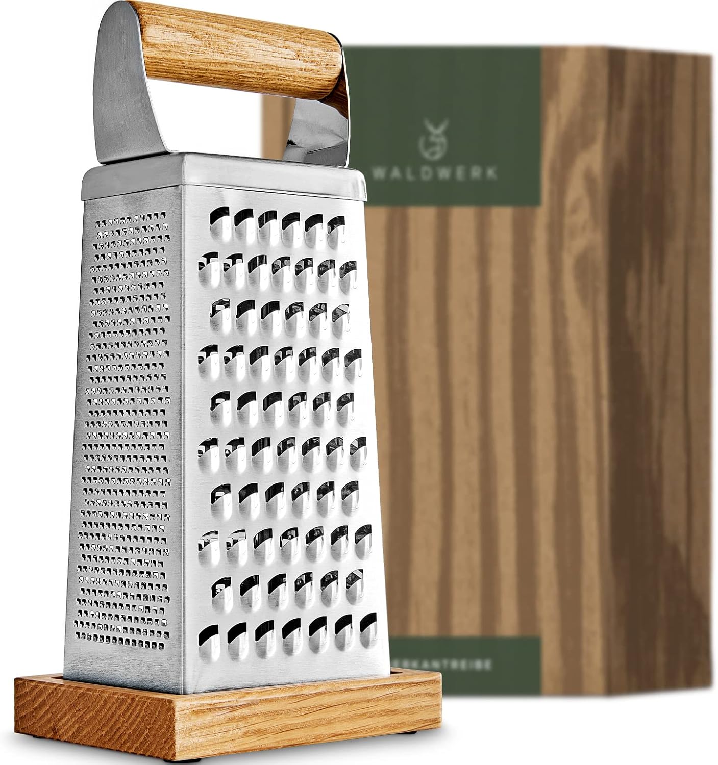 WALDWERK Premium Grater with Etched Stainless Steel Blades - Grater for Kitchen with Oak Wood Base - Box Grater with 4 Sides for Parmesan Cheese, Vegetables, Carrots, or Potatoes - Cheese Grater