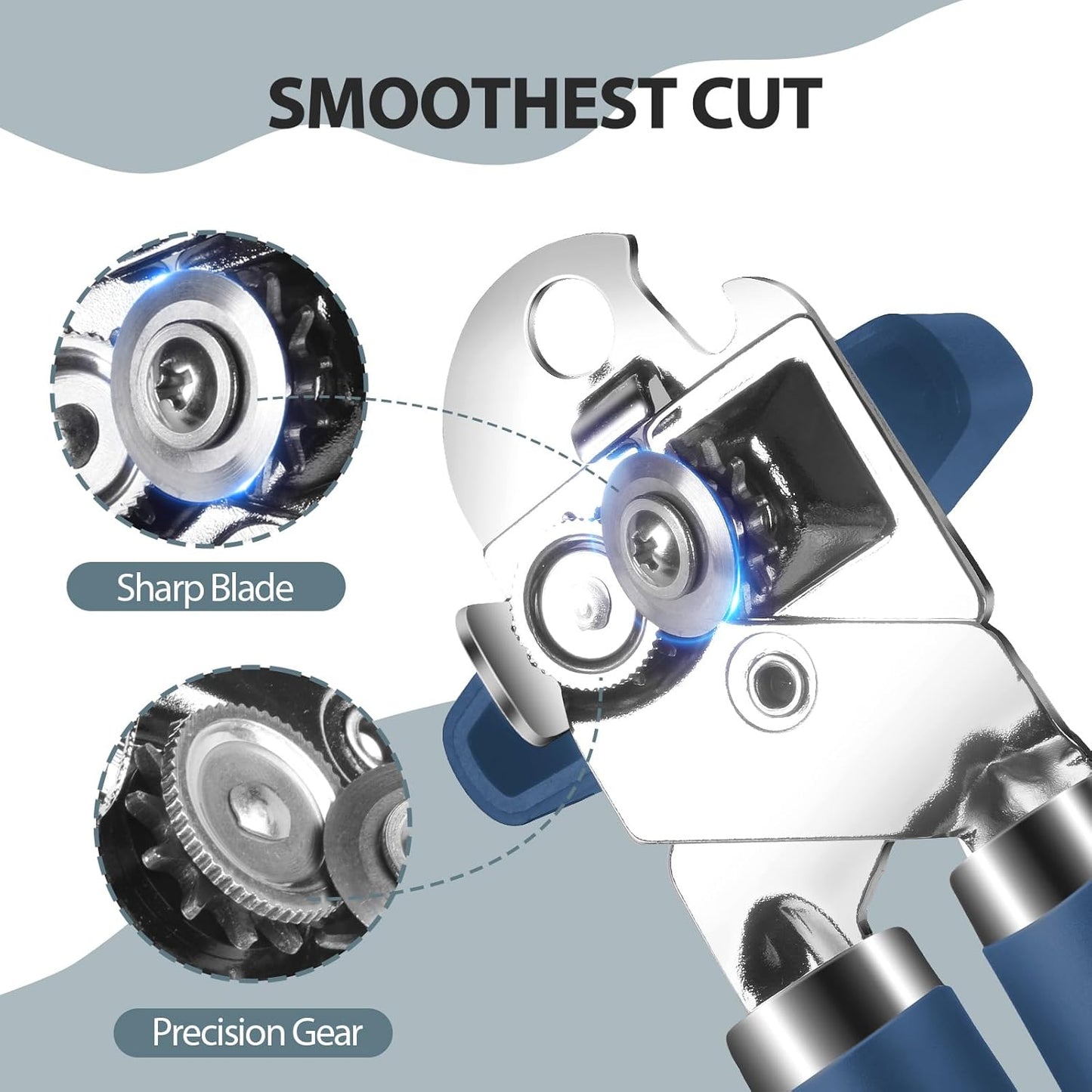 Can Opener Manual, Heavy Duty Handheld Strong Can Opener with Soft Touch Handle, Sharp Blade Smooth Edge, Can Openers with Multifunctional Bottle Opener, Blue