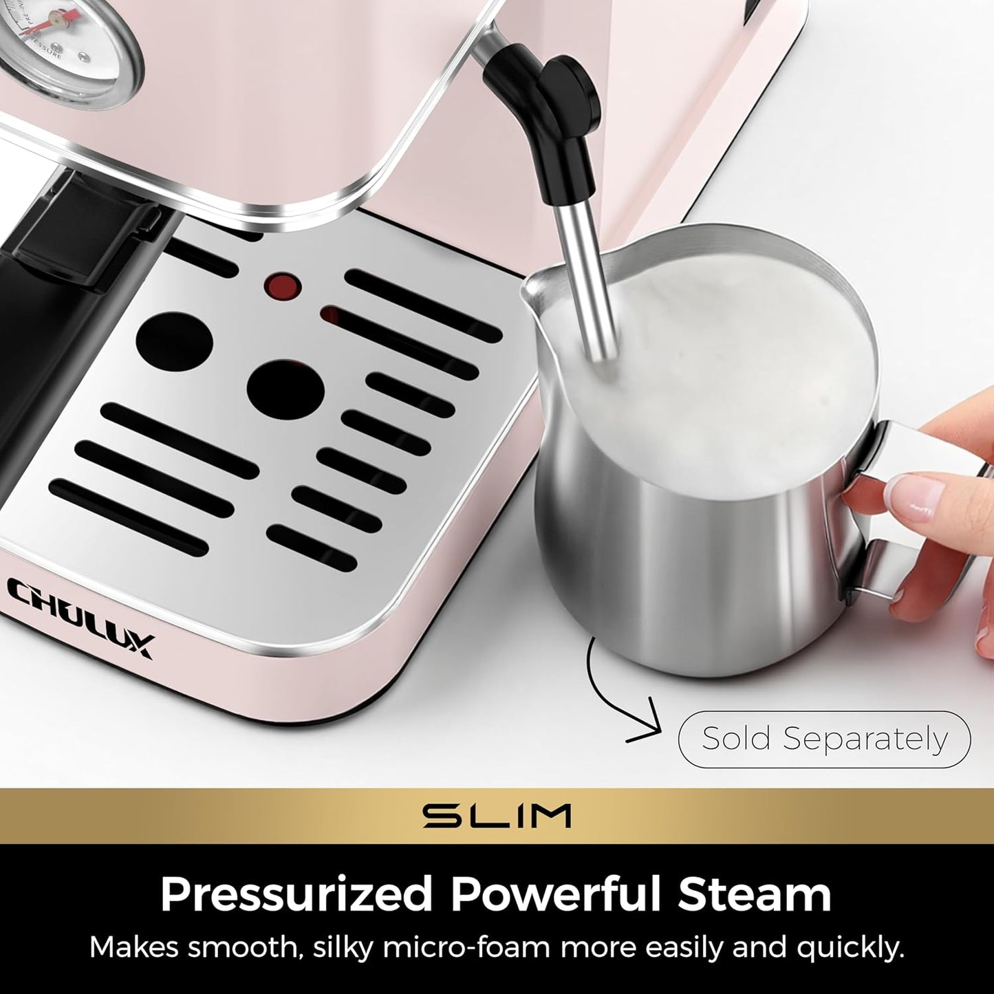 CHULUX Slim Espresso Machine with Milk Frother Steam Wand, 20 Bar Professional Italian Pump Espresso Coffee Machine for Home Cappuccino & Latte Maker, Pink