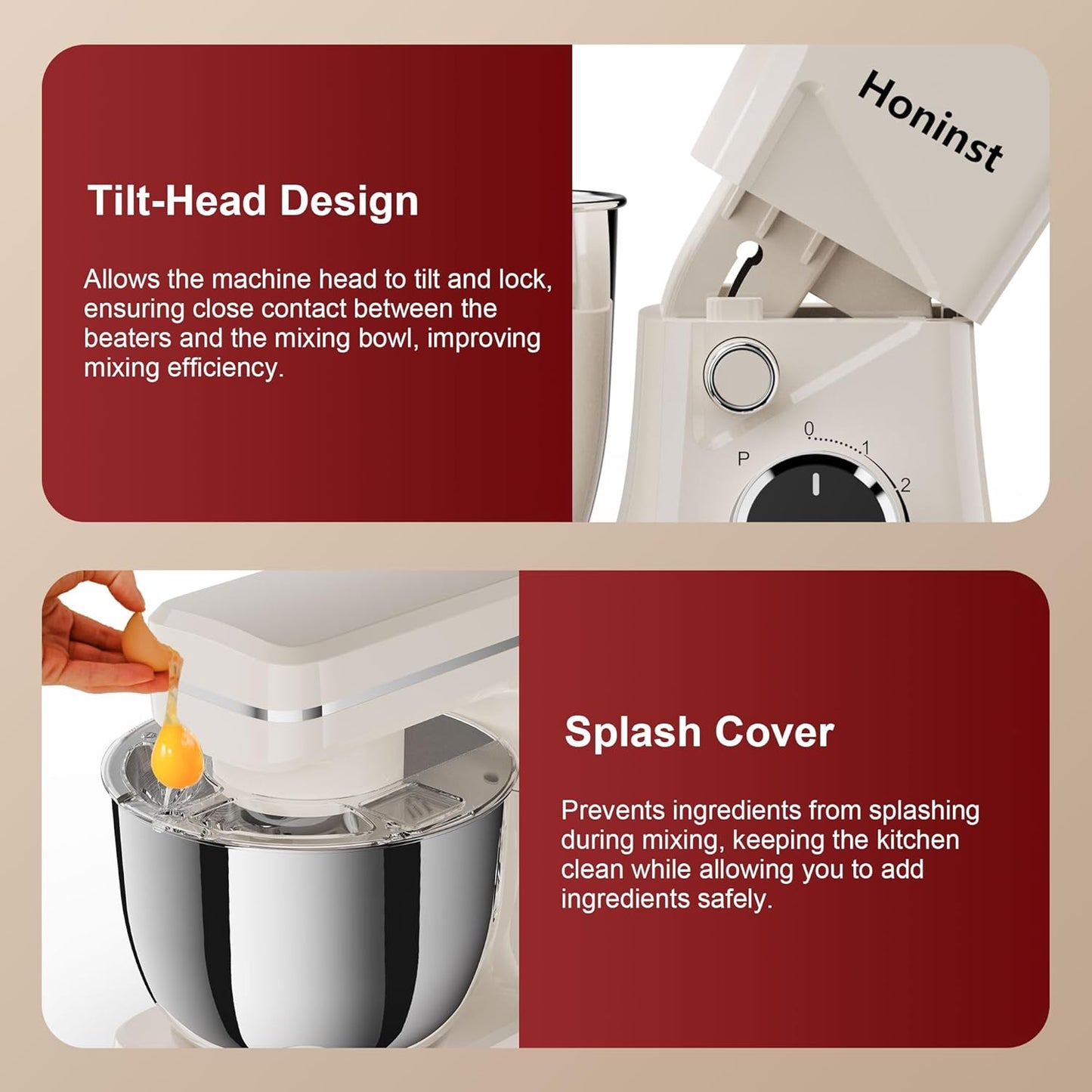 Stand Mixer, 10-Speed Kitchen Electric Mixer, 6QT Food Mixer with 8-in-1 Splash Guard, Dishwasher-Safe Dough Hook/Whisk/Beater/Spatula, Dough Mixers for Baking, Beige