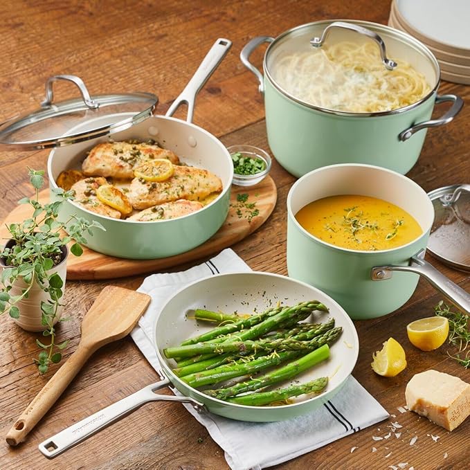 KitchenAid Hard Anodized Ceramic Nonstick Cookware Pots and Pans Set, 9 Piece - Pistachio