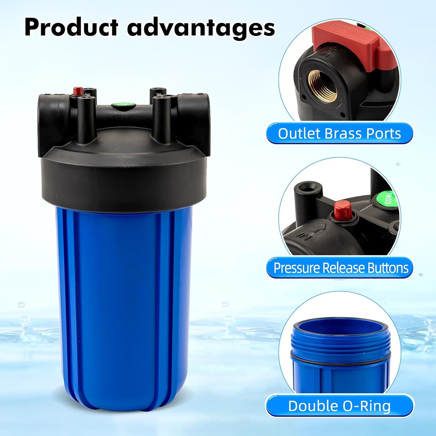 Whole House Water Filter Housing with PP Cotton Cartridge, Fits 10"x4.5" Sediment or Carbon Filters, Heavy-Duty Pre-Filtration System for Well or City Water, 1" NPT Port