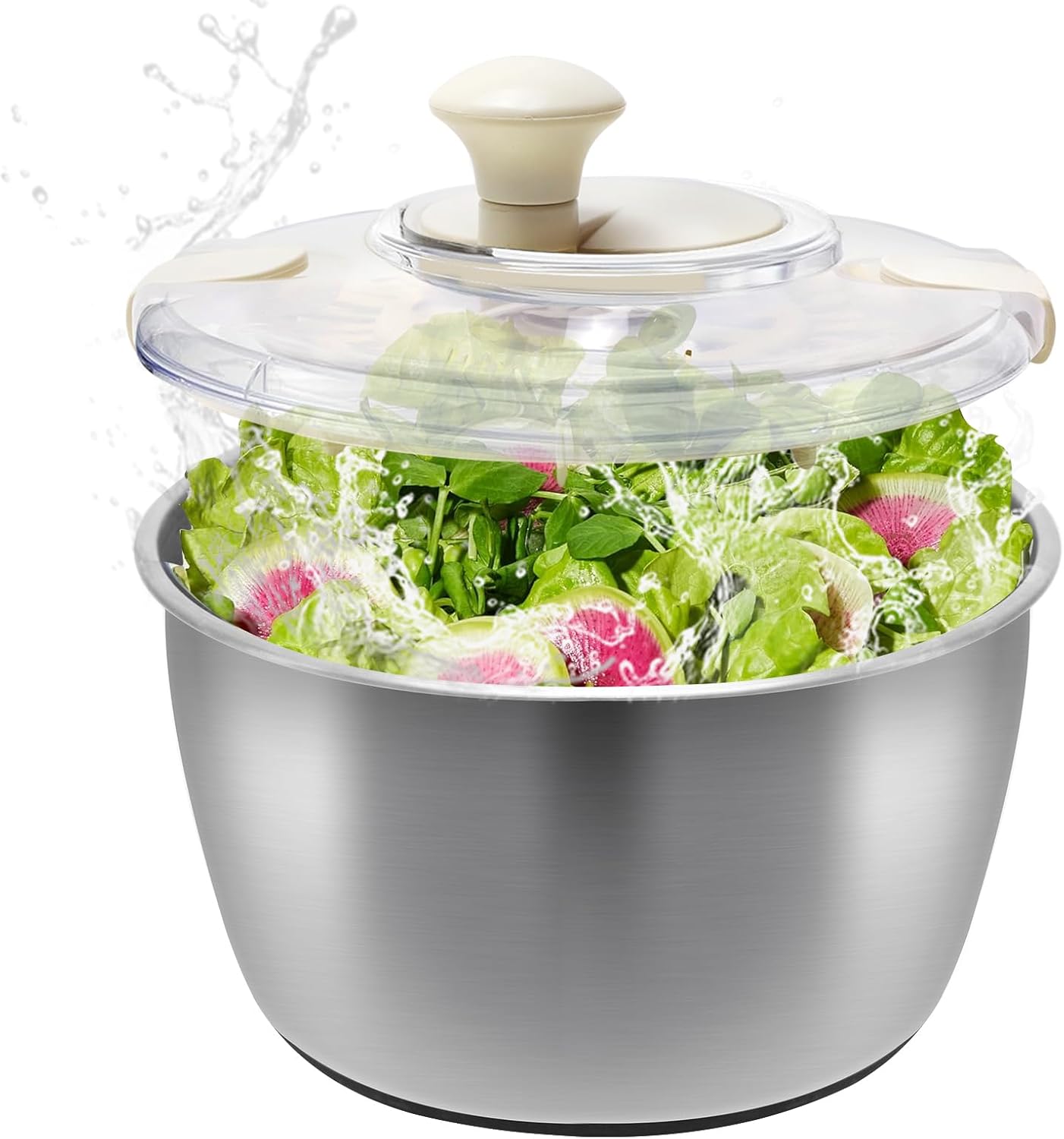 Salad Spinner Stainless Steel，Manual lettuce dryer With lid, basin, drain frame and non-slip base,lettuce spinner with Quick Spin,Spaghetti & Chip Strainer BPA Free,Easy Clean,5qt