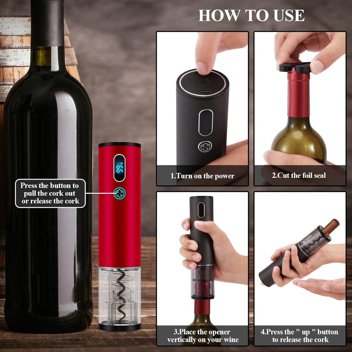 Wine Bottle Opener Christmas Day Gift Set with Electric Wine Opener, Wine Decanter&Wine Aerator and Pourer, wine stopper, Foil Cutter and EVA Storage Bag, Rechargeable and Automatic-(Christmas Red)