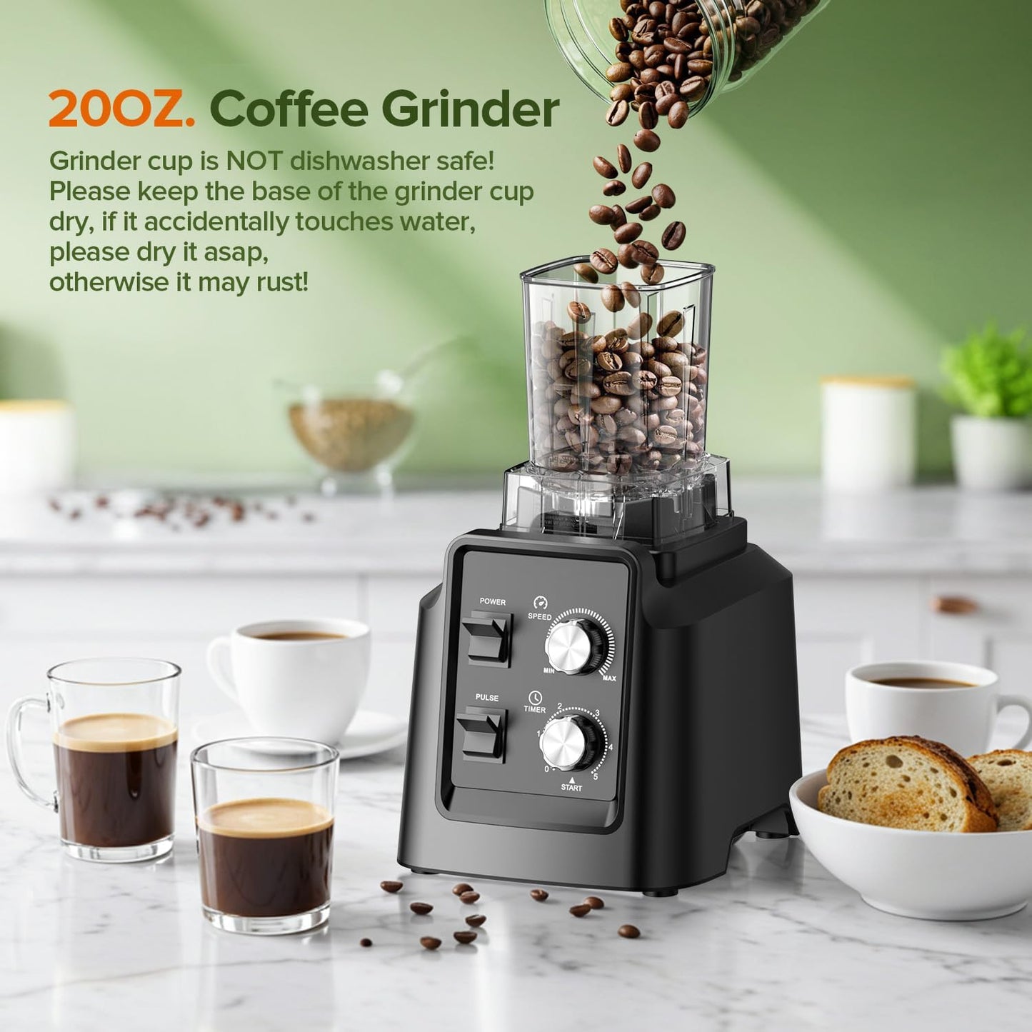 Blender, 68Oz. Countertop Blenders with 20Oz. Grinder, 28000 RPM Kitchen Blender for Smoothies, Ice Crushing, Frozen Fruits, Self-Cleaning, Speed Adjustable, Black