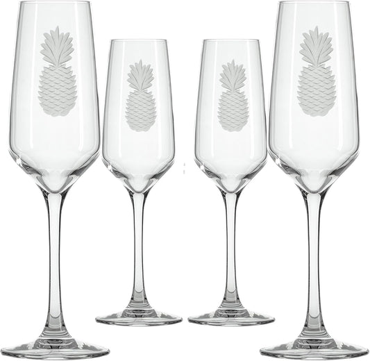 Rolf Glass Fresh Pineapple Champagne Flute | 5.75oz Toasting Glasses | Diamond-Wheel Engraved and Polished | Designed and Engraved in the USA | Lead-Free | Set of 4