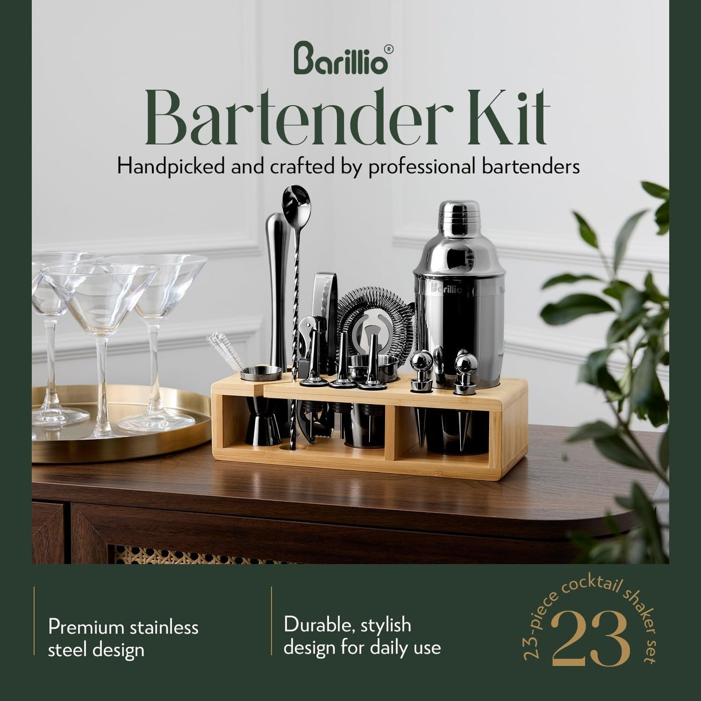 Barillio Black Bartender Kit - Stainless-Steel Cocktail Shaker Set w/Bamboo Stand - Mixology Bar Tools w/Drink Shaker, Mixer Spoon & Muddler for Cocktails - Home Bar Accessories - 23-Pc Bar Set