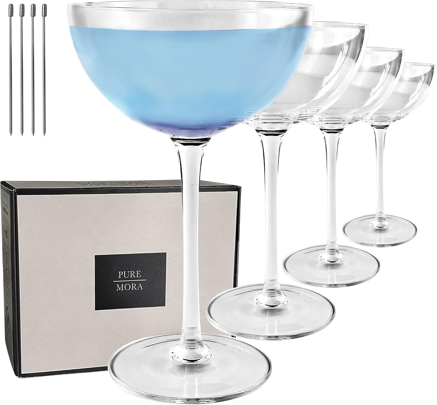 PURE MORA The Lyra Coupe Glass Set of 4, 7oz Handblown Premium Crystal Classic Cocktail Glasses for Martini, Champagne, Mixology, Home Bar, Fancy Margarita, Gin&Tonic, Drinking, etc. For Mixologists