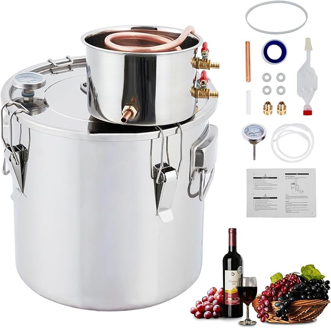 Alcohol Still 10 Gal/38L, Alcohol Water Distiller Thickened Stainless Steel Spirits Kit w/Copper Tube & Display Thermometer, Home Brew Wine Making Kit for Diy Whiskey, Wine, Brandy, Essential Oil