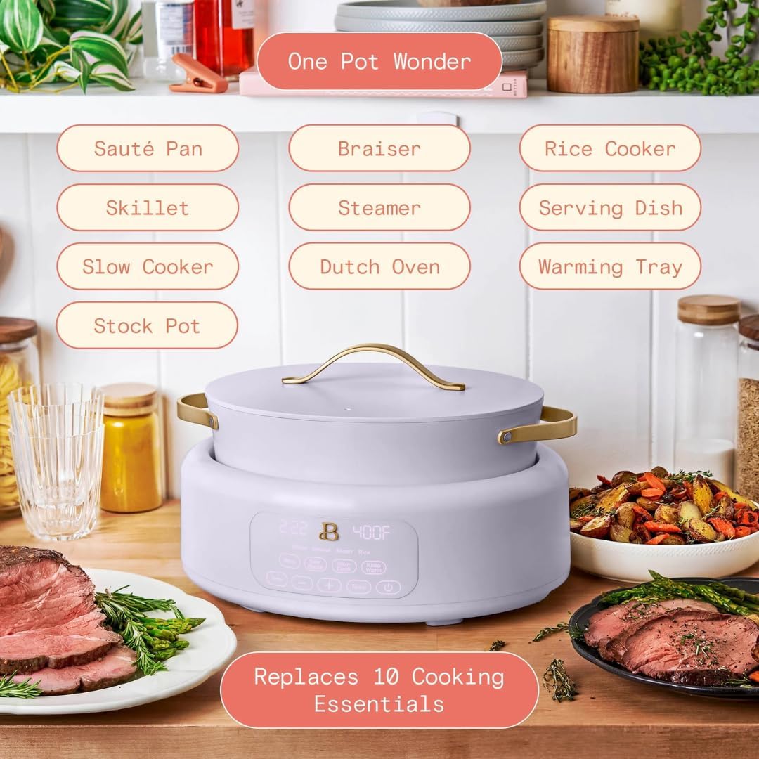 Beautiful 10-in-1 Electric Multi-Cooker by Drew Barrymore, 6-quart, digital display, 10 cooking functions, non-stick pot, easy one-touch control (Lavender)