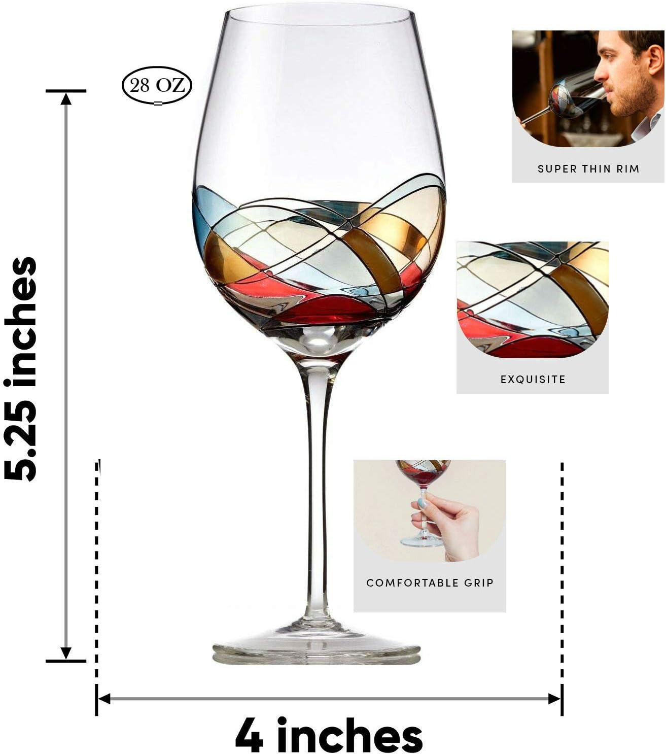 Bezrat Red Wine Glasses Set of 2, Hand Painted Wine Glass, Drinkware Essentials, 11" H, 28oz Wine Lover Large Glass, Glassware Gifts Ideas for Women Inspired by 'Duomo di Milano' Mothers Day (Red)