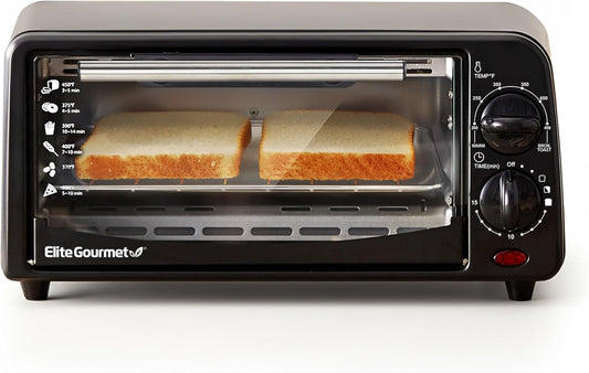 Elite Gourmet ETO236 Personal Compact 2 Slice Countertop Toaster Oven with 15 Minute Timer & Adjustable Temperature, Bake, Broil, & Toast, Black