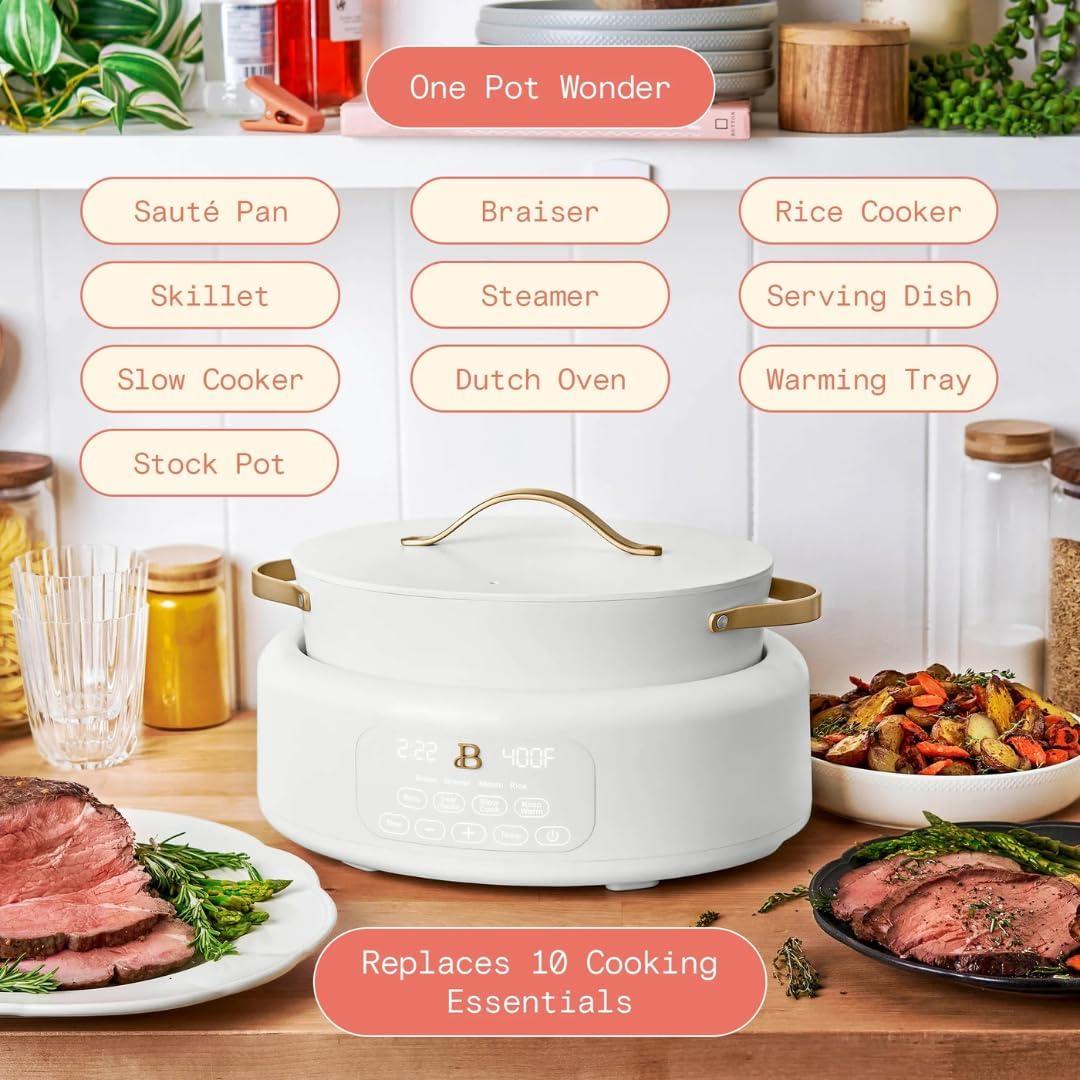 Beautiful 10-in-1 6Qt Electric Multi-Cooker with 7 Presets,Oven-Safe Pot & Lid,Sauté,Steam,Slow Cook, Slow Cooker, Simmer,Rice & More,Touch Display, Dishwasher Safe, Serves Up to 7 (White Icing)