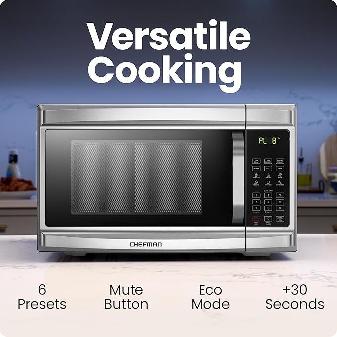 Chefman Countertop Microwave Oven, 1.3 Cu. Ft. Digital, Stainless Steel, 1000 Watts, with 6 Auto Menus, 10 Power Levels, Eco Mode, Memory, Mute Function, Child Safety Lock, Easy Clean Microwave Ovens