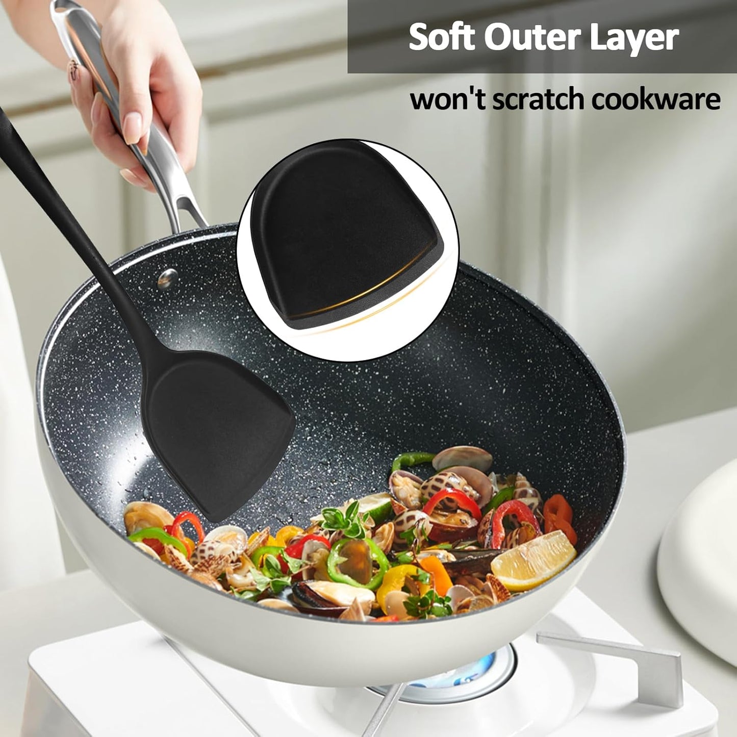 Silicone Kitchen Utensils Set 15PC Cooking Utensils Set, 600°F Heat Resistant Kitchen Gadgets Sets for Nonstick Cookware with Holder, Turner, Tongs, Whisk, Spoons, Spatulas, Brush, Black